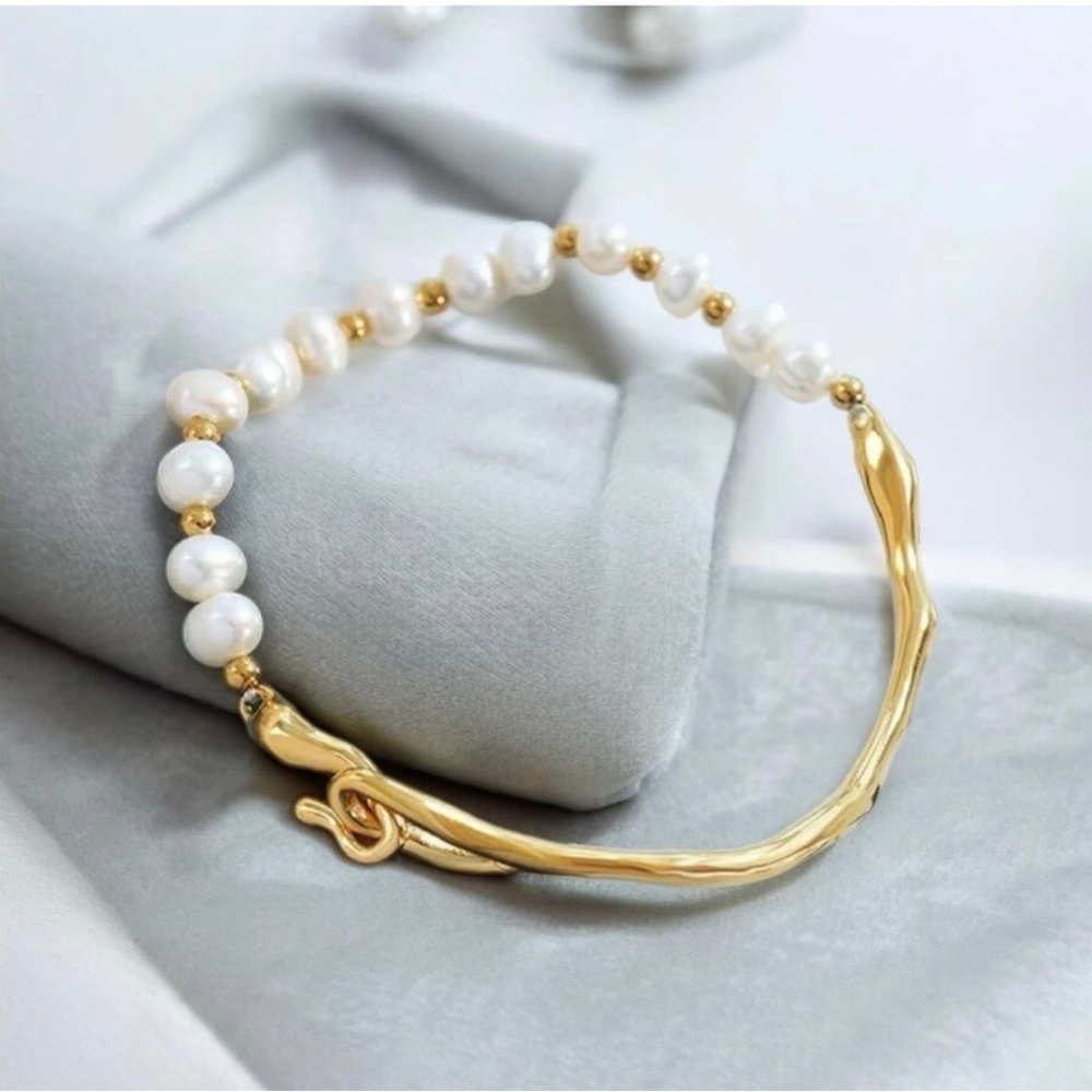 NEW 18K yellow gold plated freshwater pearl bangle bracelet jewelry B27A - Picture 8 of 9